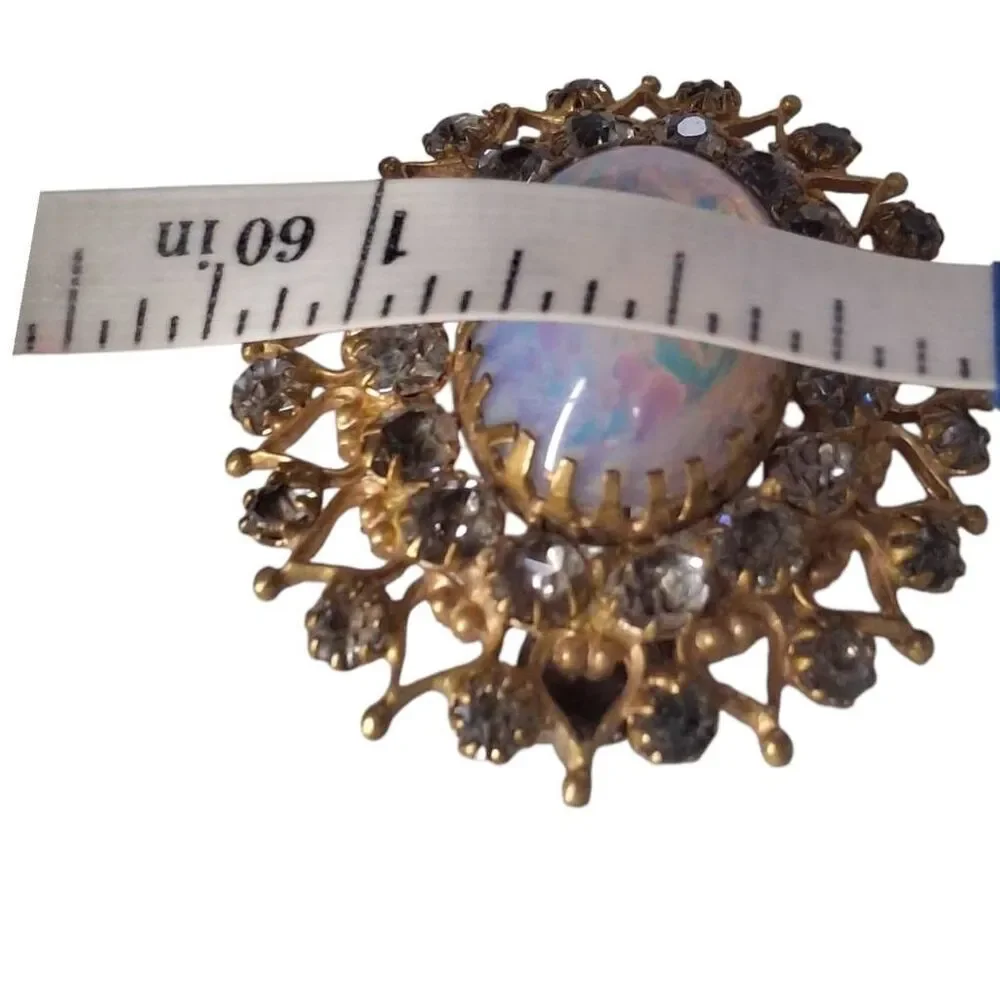 Vintage Gold Tone Brooch with Faux Opal Center & Clear Rhinestones | Unsigned Mi
